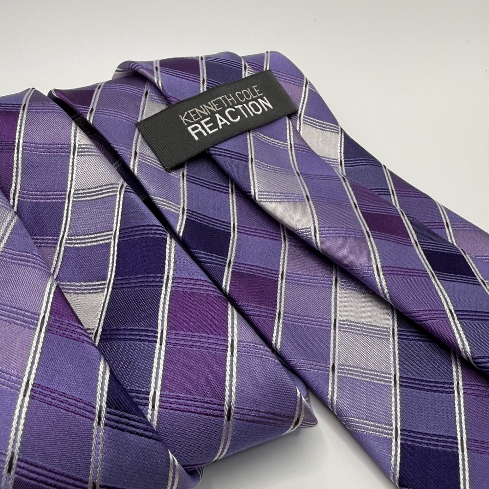 Kenneth Cole Reaction Silk Tie OS Purple Plaid Striped Geometric Business Modern - Picture 4 of 7